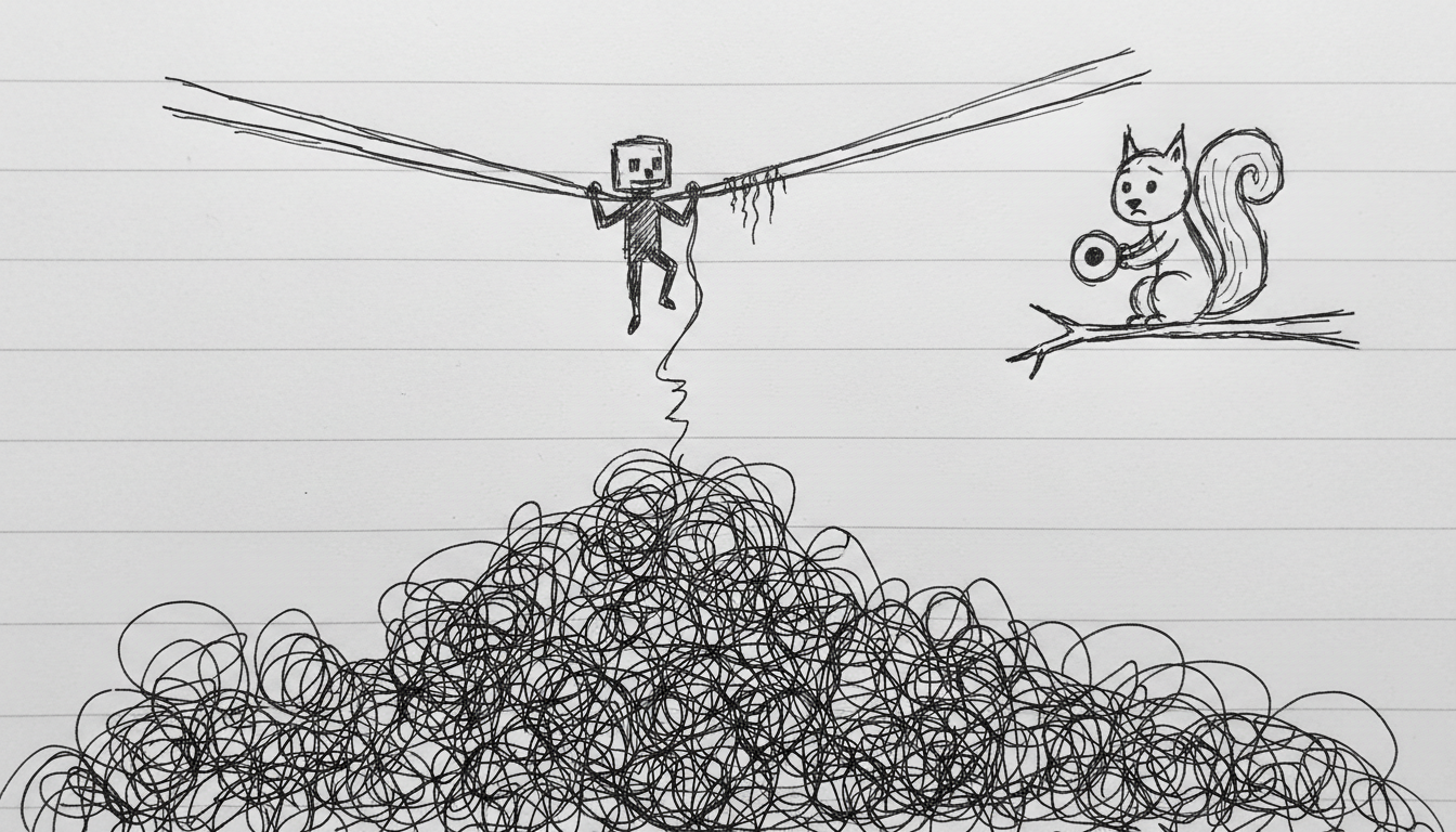 A tiny developer, once confidently walking a tightrope, now clings precariously by one hand as the tightrope unravels into a single, thin thread beneath them. Below, the ground is a chaotic swirl of tangled yarn, representing the 'refactor.' A confused squirrel watches from a nearby branch, holding a tiny, green dot.